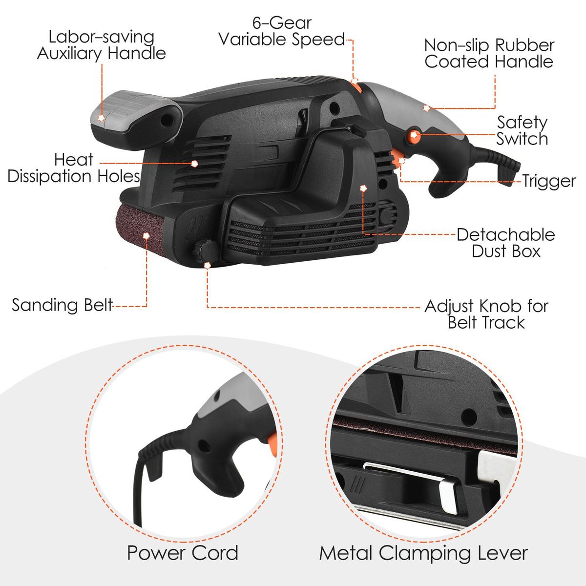 600W Electric Belt Sander for Wood Variable Speed Power Sander Woodworking Polishing Machine with 12 PCS Sanding Belts, Dust Collection Box, 2 Vacuum Cleaner Adapters, Adjustable Screw Clamp