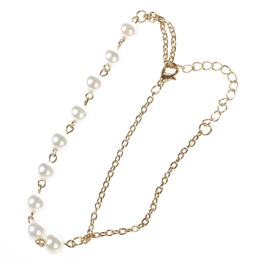 Women's Pearl Bracelet Bangle with Attached Chain Ring
