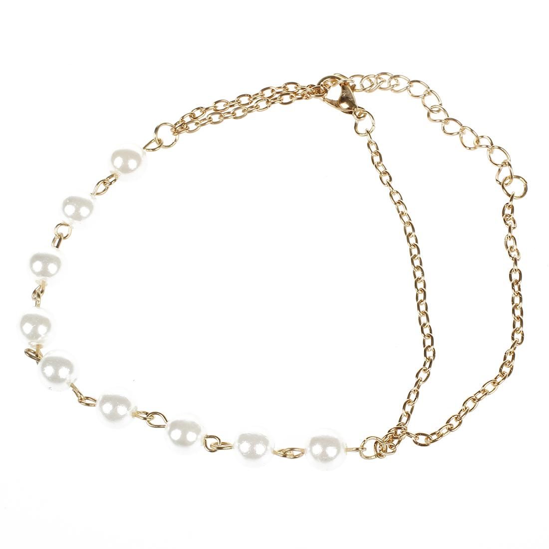 Women's Pearl Bracelet Bangle with Attached Chain Ring
