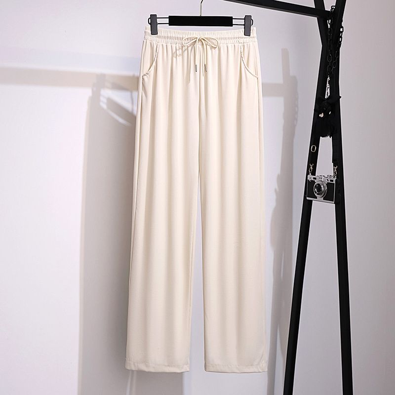 (Beige)New 2022 Summer Plus Size Pants For Women Large Size Loose Casual Beige Blue Thin Wide Leg Viscose Trousers 3XL 4XL 5XL 6XL 7XL SAB