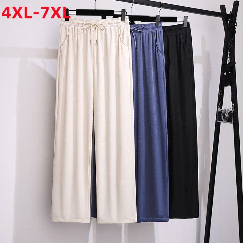 (Beige)New 2022 Summer Plus Size Pants For Women Large Size Loose Casual Beige Blue Thin Wide Leg Viscose Trousers 3XL 4XL 5XL 6XL 7XL SAB