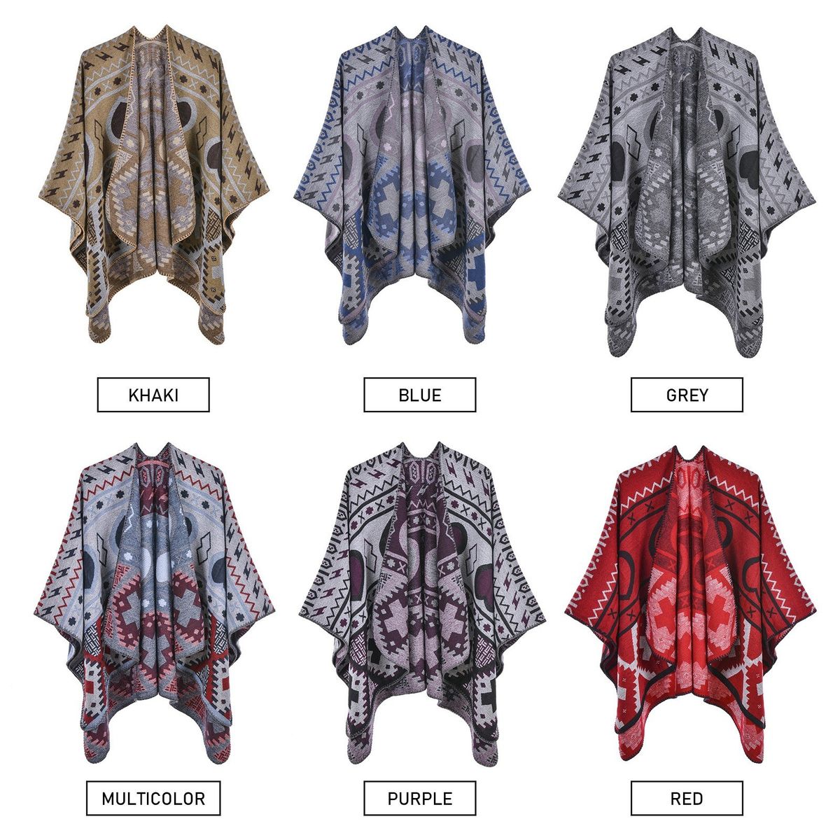 Shawl Wraps For Women Geometrical Pattern Open Front Poncho Cape Long Cardigan Sweater-multicolor