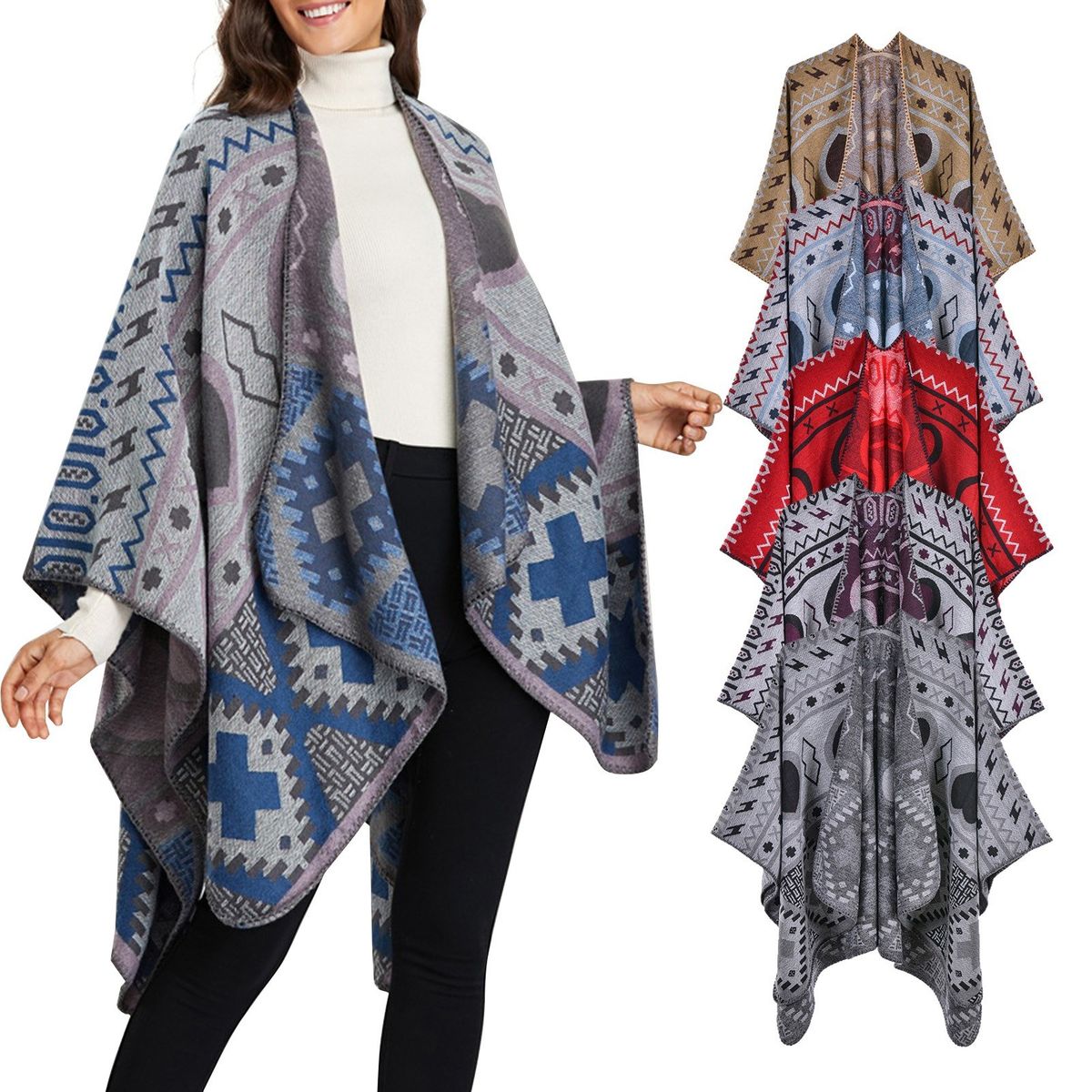 Shawl Wraps For Women Geometrical Pattern Open Front Poncho Cape Long Cardigan Sweater-multicolor