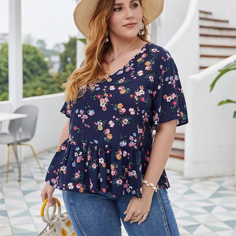 XL-4XL Women V Neck Short Sleeve Print Plus Size Blouse Tops Navy 2781