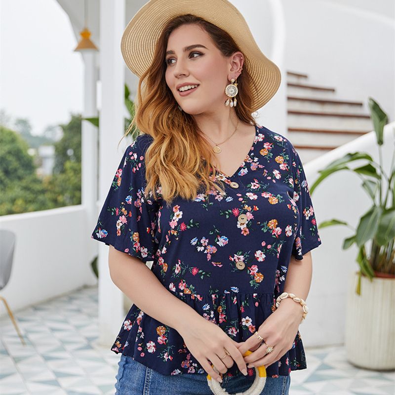 XL-4XL Women V Neck Short Sleeve Print Plus Size Blouse Tops Navy 2781