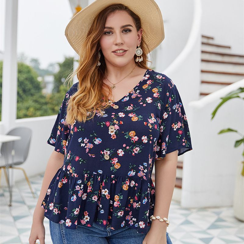 XL-4XL Women V Neck Short Sleeve Print Plus Size Blouse Tops Navy 2781