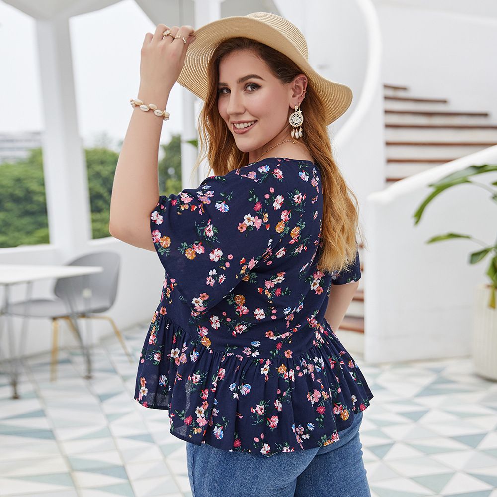 XL-4XL Women V Neck Short Sleeve Print Plus Size Blouse Tops Navy 2781