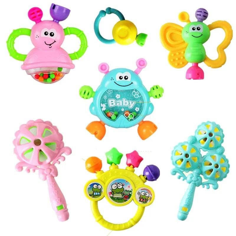 7pcs/Set Colorful baby rattle Teether Toys Teething molar Kids Educational toy 0-24 month toddler appease hand bell sensory toys