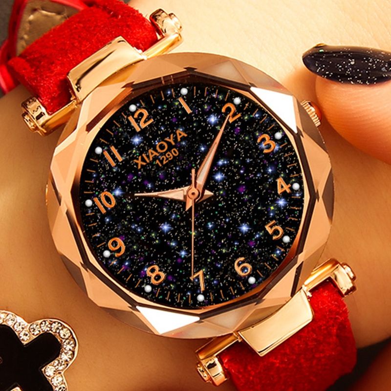 Women Star Sky Dial PU Leather Belt Quartz Wrist Watches(Red)