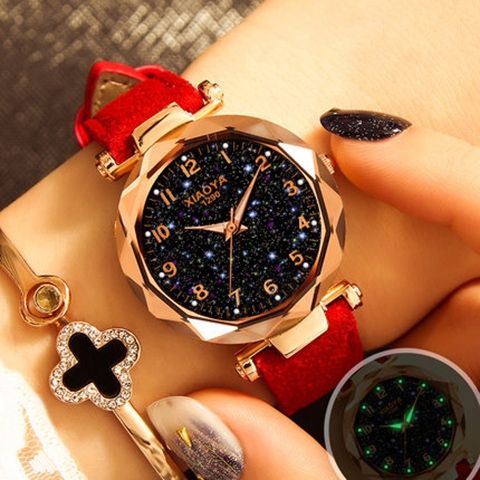 Women Star Sky Dial PU Leather Belt Quartz Wrist Watches(Red)