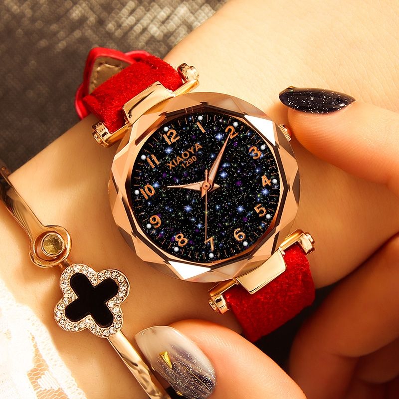 Women Star Sky Dial PU Leather Belt Quartz Wrist Watches(Red)