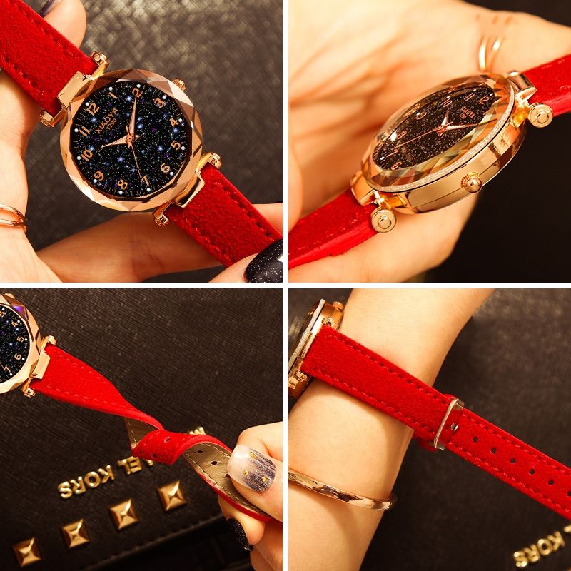 Women Star Sky Dial PU Leather Belt Quartz Wrist Watches(Red)