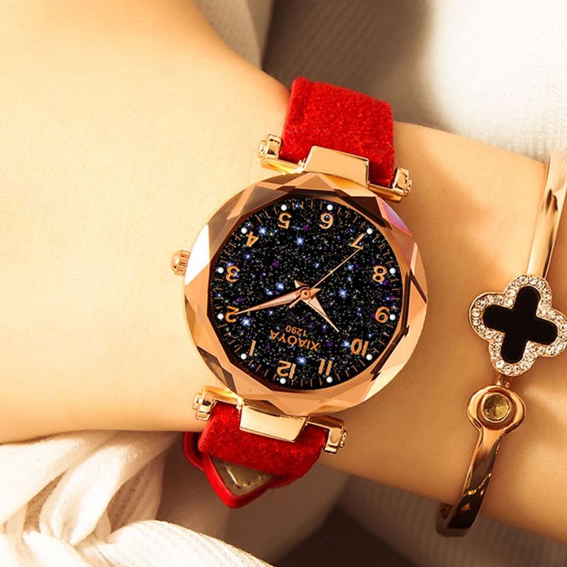 Women Star Sky Dial PU Leather Belt Quartz Wrist Watches(Red)