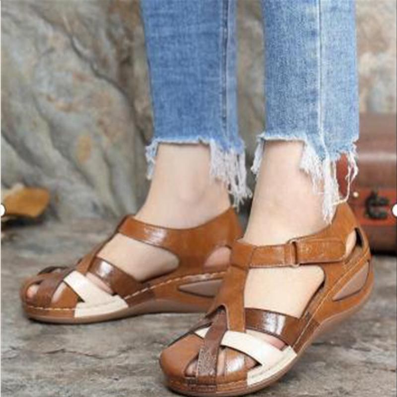 Foreign trade large size 2023 summer new European and American retro round toe wedge ladies Roman shoes cross buckle female sandals green 36