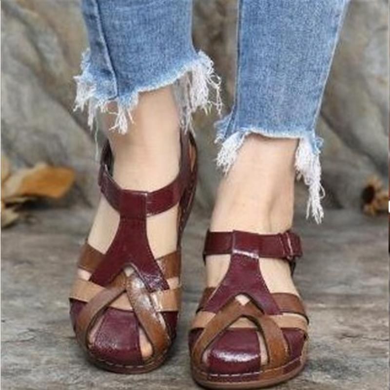 Foreign trade large size 2023 summer new European and American retro round toe wedge ladies Roman shoes cross buckle female sandals green 36