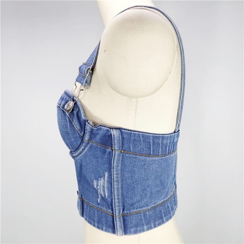 (Blue)Cupnaya Women Stonewashing Distress Denim Crop Top Removable Strap Ladies Slim Fit Bustier Short Cami Summer  Underwear Tank WEF