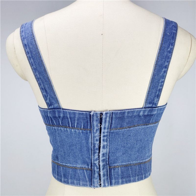 (Blue)Cupnaya Women Stonewashing Distress Denim Crop Top Removable Strap Ladies Slim Fit Bustier Short Cami Summer  Underwear Tank WEF