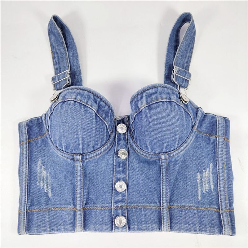 (Blue)Cupnaya Women Stonewashing Distress Denim Crop Top Removable Strap Ladies Slim Fit Bustier Short Cami Summer  Underwear Tank WEF