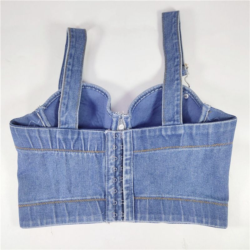 (Blue)Cupnaya Women Stonewashing Distress Denim Crop Top Removable Strap Ladies Slim Fit Bustier Short Cami Summer  Underwear Tank WEF