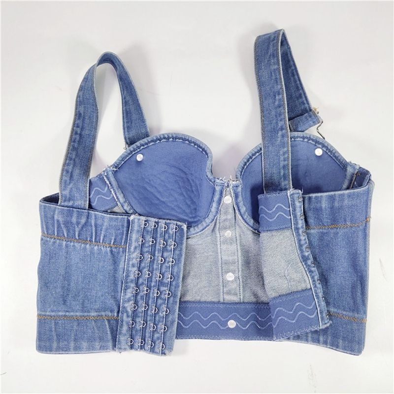 (Blue)Cupnaya Women Stonewashing Distress Denim Crop Top Removable Strap Ladies Slim Fit Bustier Short Cami Summer  Underwear Tank WEF