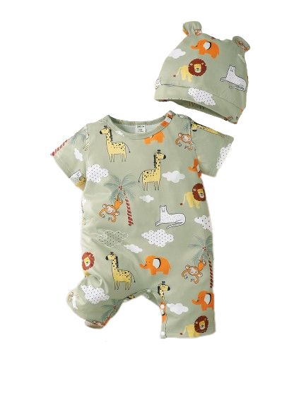 3-24 Months Newborn Baby Green Animal Print Romper+ Hat
