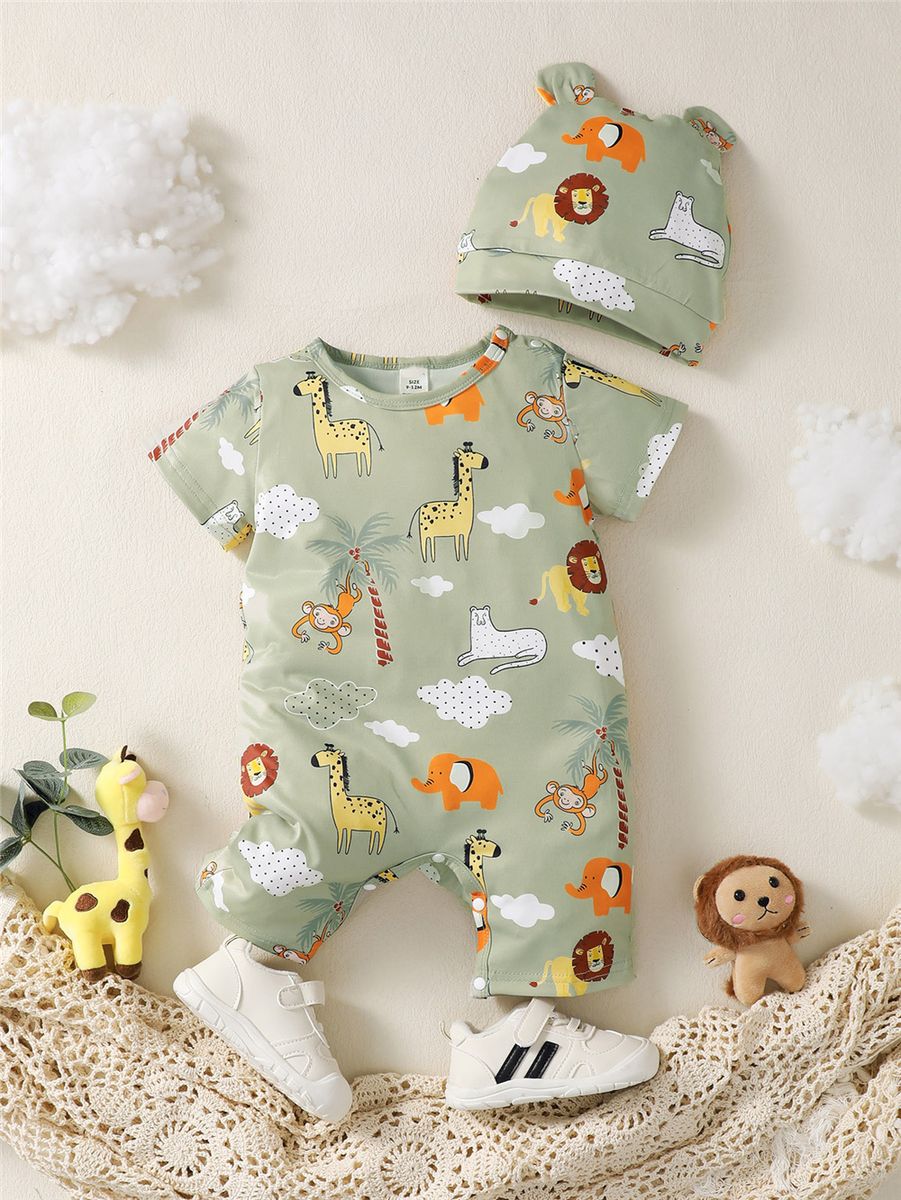 3-24 Months Newborn Baby Green Animal Print Romper+ Hat