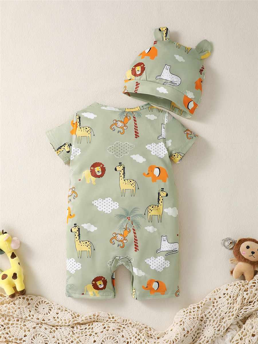 3-24 Months Newborn Baby Green Animal Print Romper+ Hat