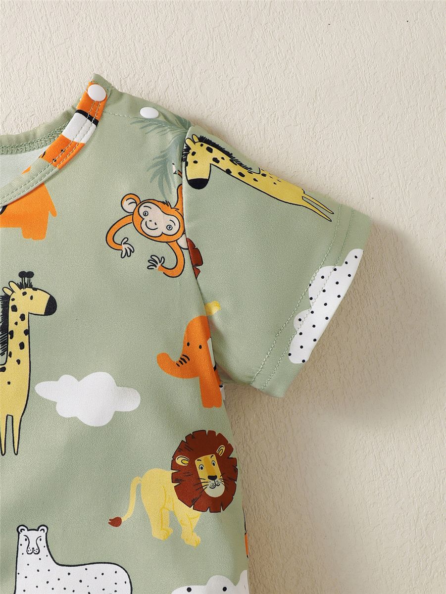 3-24 Months Newborn Baby Green Animal Print Romper+ Hat