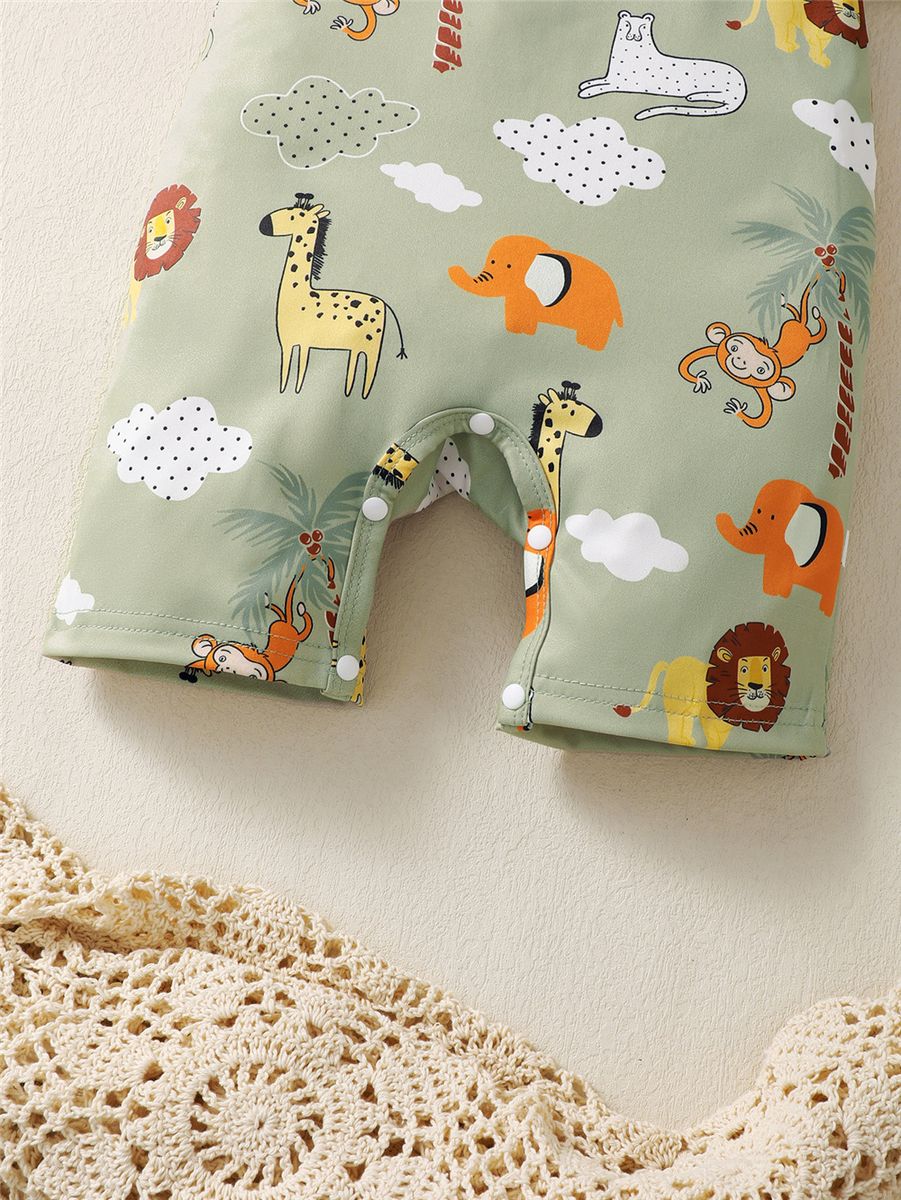 3-24 Months Newborn Baby Green Animal Print Romper+ Hat