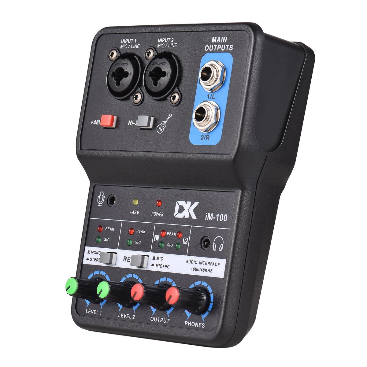DK iM100 Audio Interface Professional Recording Sound Card 16bit/48kHz Mini USB Audio Interface Sound Card 2-In & 2-Out with 48V Phantom Power USB-B Cable Studio Recording Equipment for Music Recording