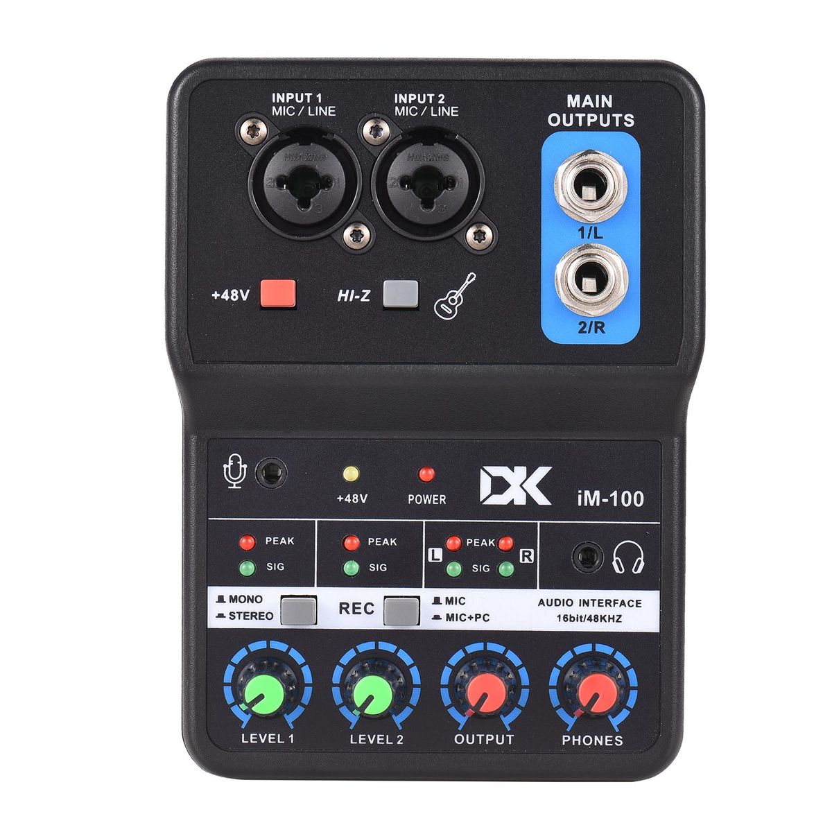 DK iM100 Audio Interface Professional Recording Sound Card 16bit/48kHz Mini USB Audio Interface Sound Card 2-In & 2-Out with 48V Phantom Power USB-B Cable Studio Recording Equipment for Music Recording
