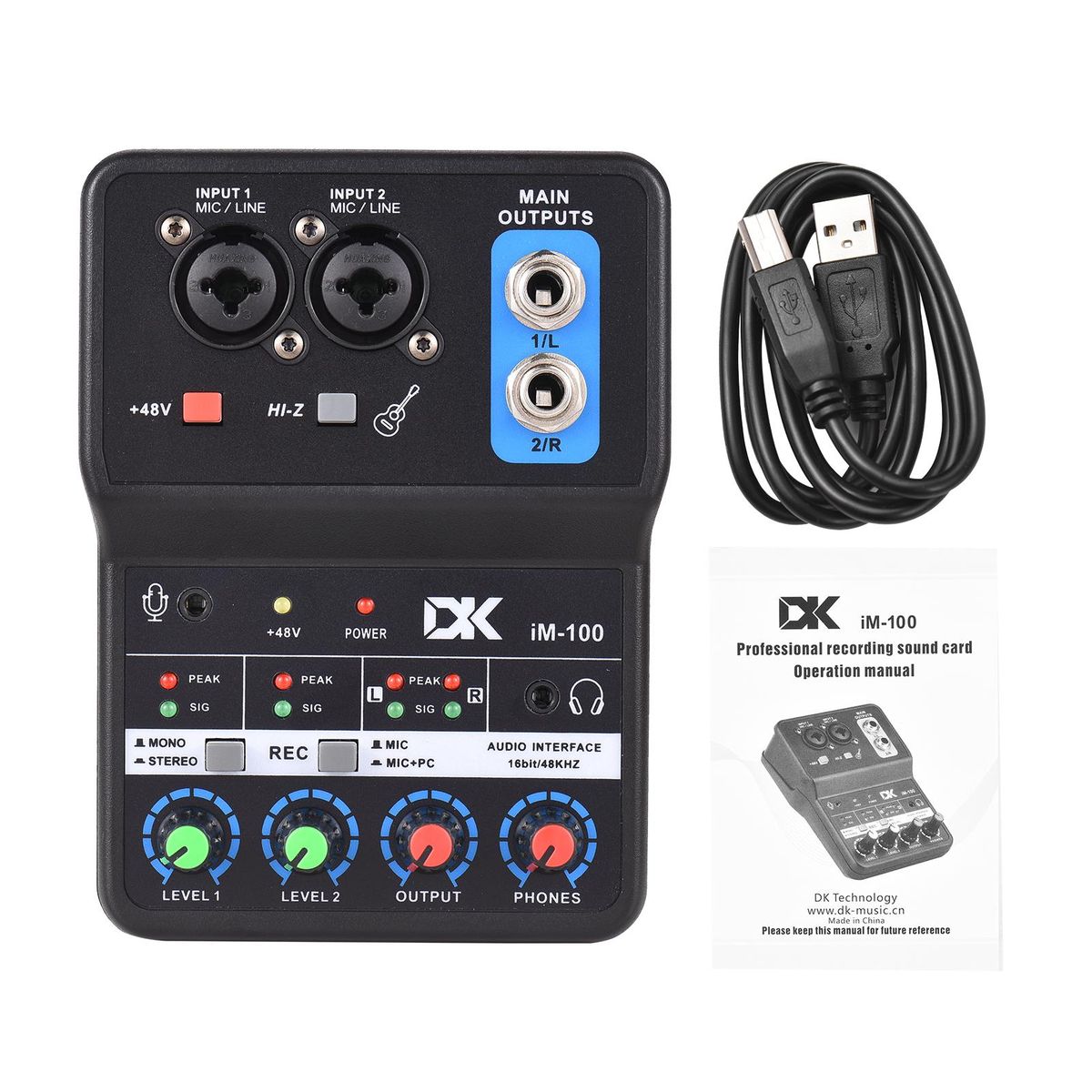 DK iM100 Audio Interface Professional Recording Sound Card 16bit/48kHz Mini USB Audio Interface Sound Card 2-In & 2-Out with 48V Phantom Power USB-B Cable Studio Recording Equipment for Music Recording
