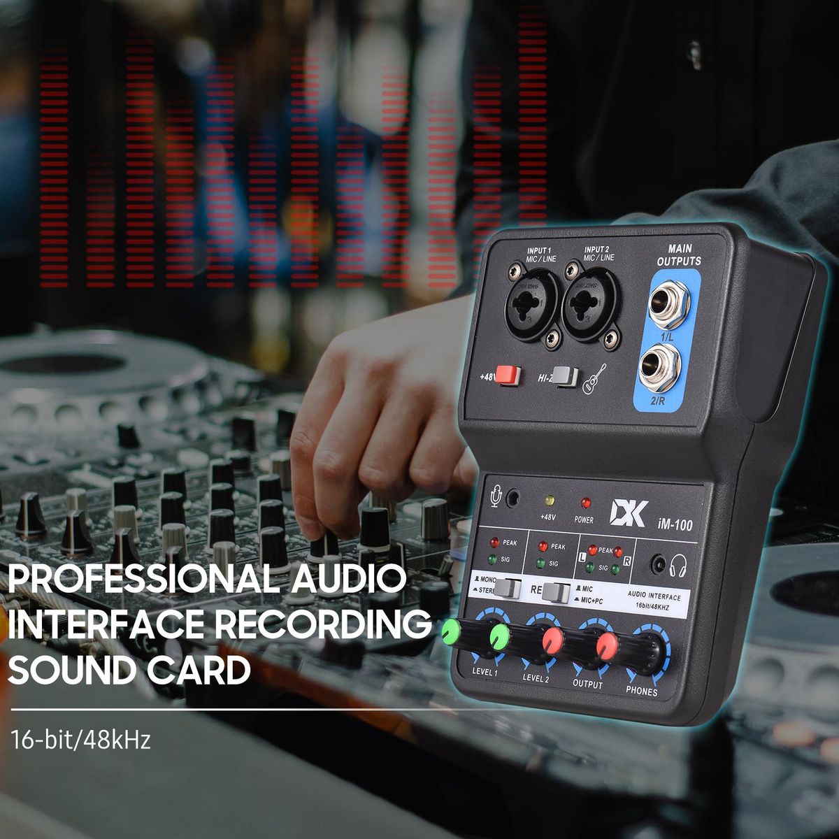 DK iM100 Audio Interface Professional Recording Sound Card 16bit/48kHz Mini USB Audio Interface Sound Card 2-In & 2-Out with 48V Phantom Power USB-B Cable Studio Recording Equipment for Music Recording