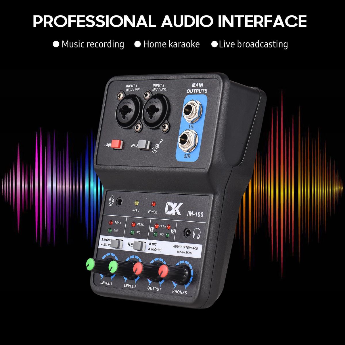 DK iM100 Audio Interface Professional Recording Sound Card 16bit/48kHz Mini USB Audio Interface Sound Card 2-In & 2-Out with 48V Phantom Power USB-B Cable Studio Recording Equipment for Music Recording