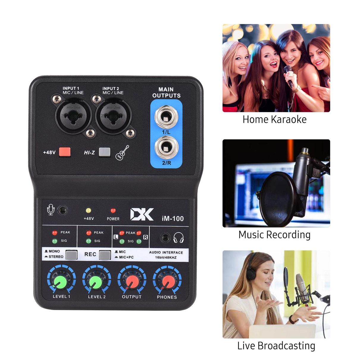 DK iM100 Audio Interface Professional Recording Sound Card 16bit/48kHz Mini USB Audio Interface Sound Card 2-In & 2-Out with 48V Phantom Power USB-B Cable Studio Recording Equipment for Music Recording