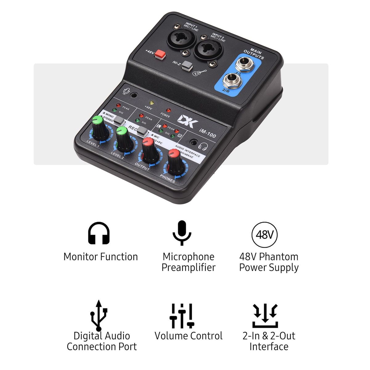 DK iM100 Audio Interface Professional Recording Sound Card 16bit/48kHz Mini USB Audio Interface Sound Card 2-In & 2-Out with 48V Phantom Power USB-B Cable Studio Recording Equipment for Music Recording
