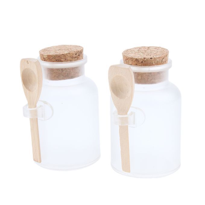 2x Bath Salt Bottle Wood Spoon Round  Cork Jar Container