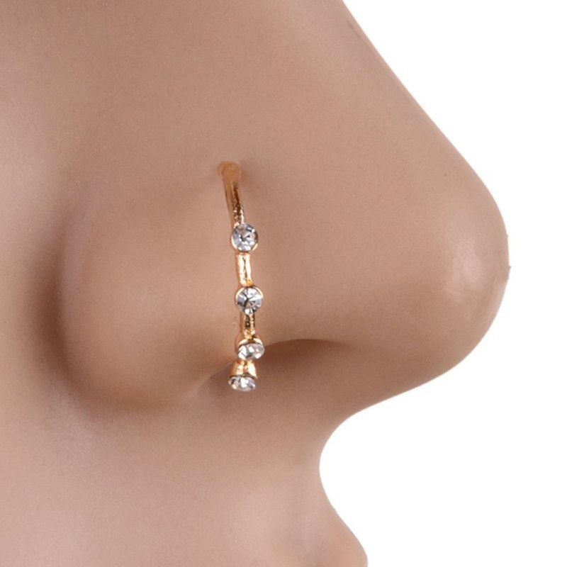 Sparkly Rhinestones U Shape Nose Stud Hoop Nose Ring-Silver