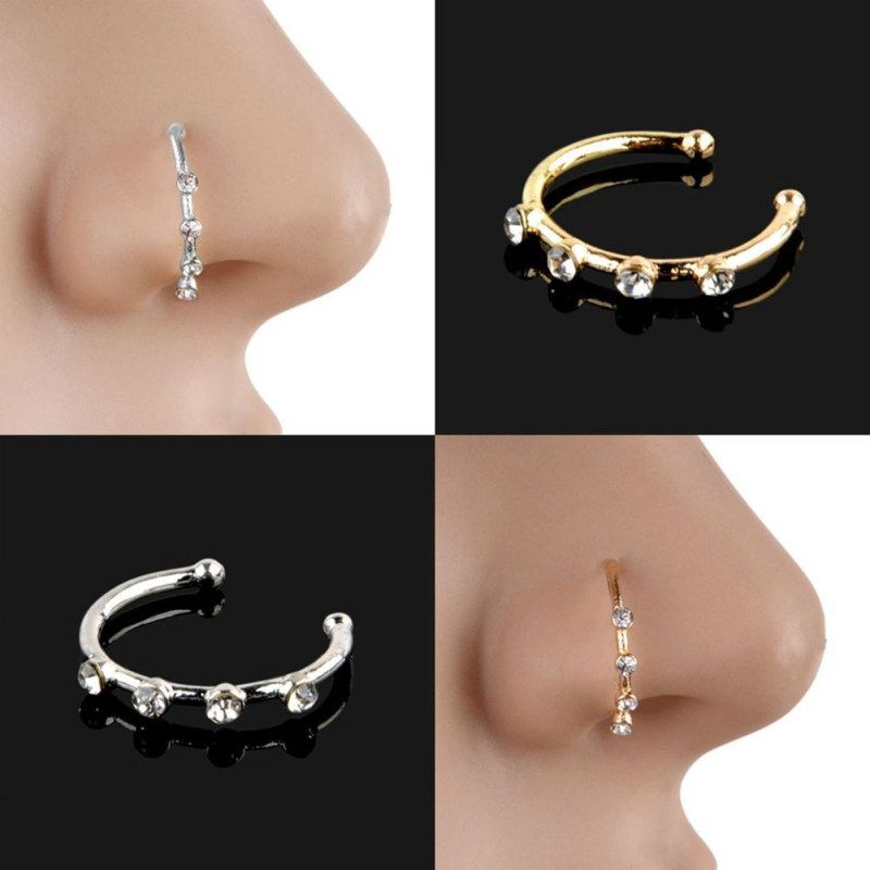 Sparkly Rhinestones U Shape Nose Stud Hoop Nose Ring-Silver