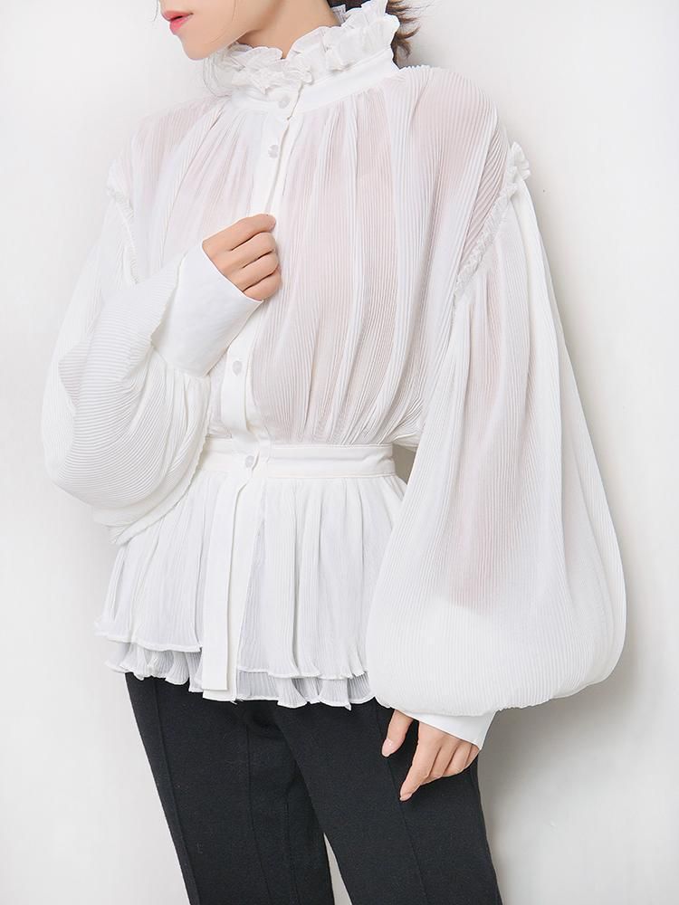 white pleated chiffon high neck women top