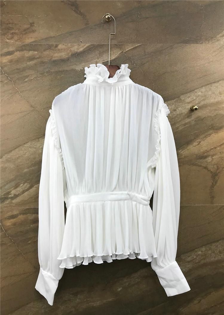 white pleated chiffon high neck women top