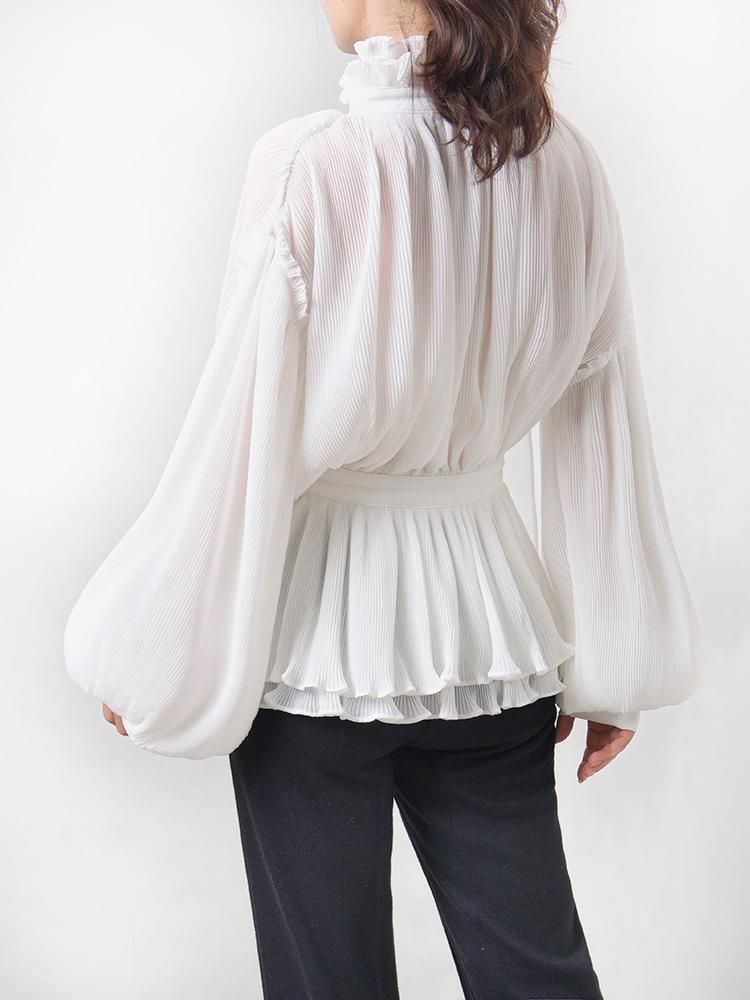 white pleated chiffon high neck women top