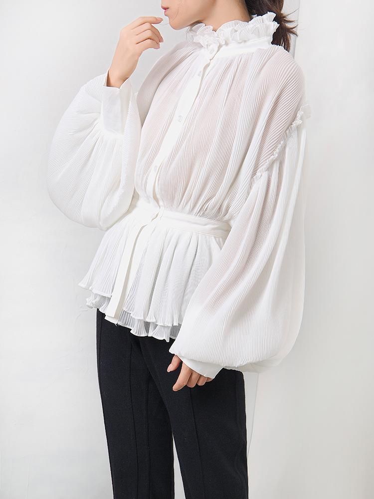 white pleated chiffon high neck women top