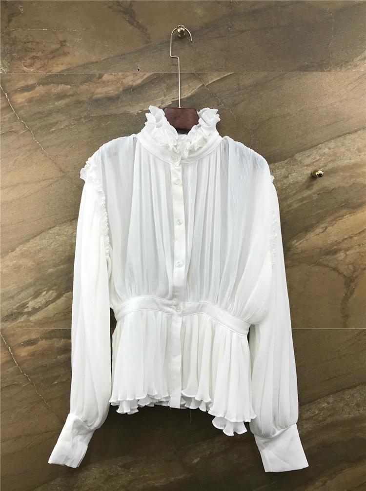 white pleated chiffon high neck women top