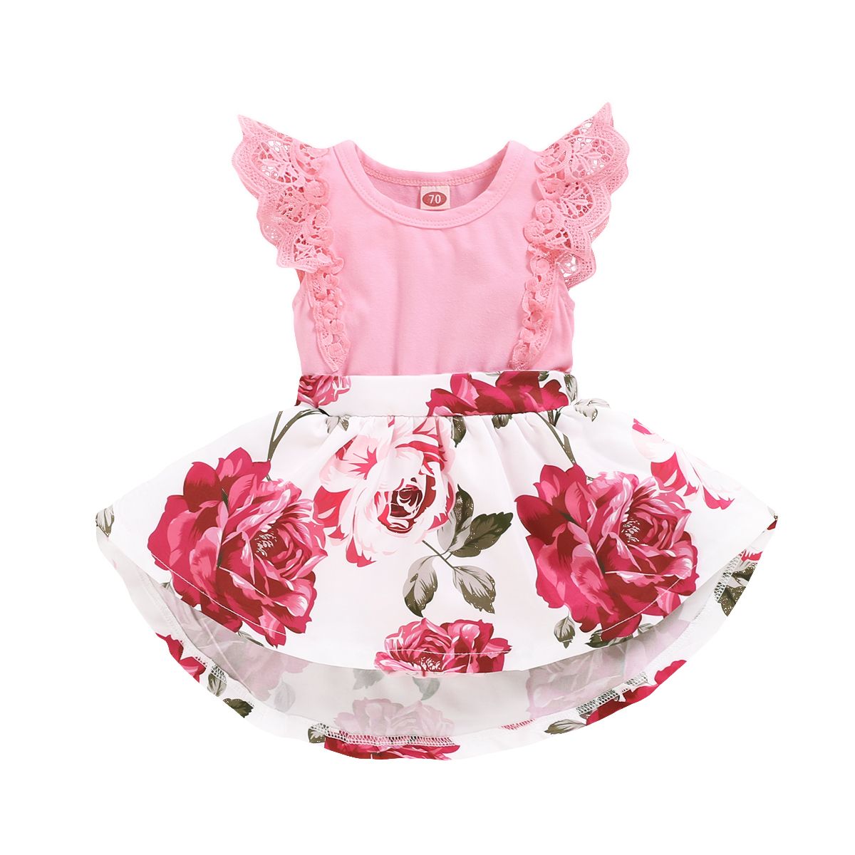Baby Girls Rose Print Pink Sleeveless Bodysuit Sundress