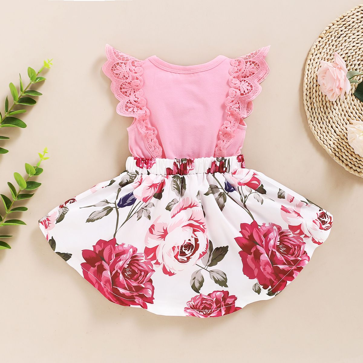 Baby Girls Rose Print Pink Sleeveless Bodysuit Sundress