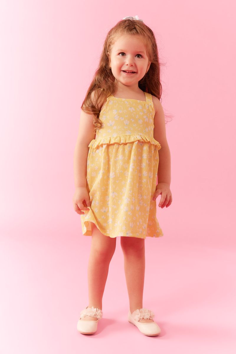 BabyGirl Casual Regular Fit Collarless Strappy Knitted Dress - Yellow