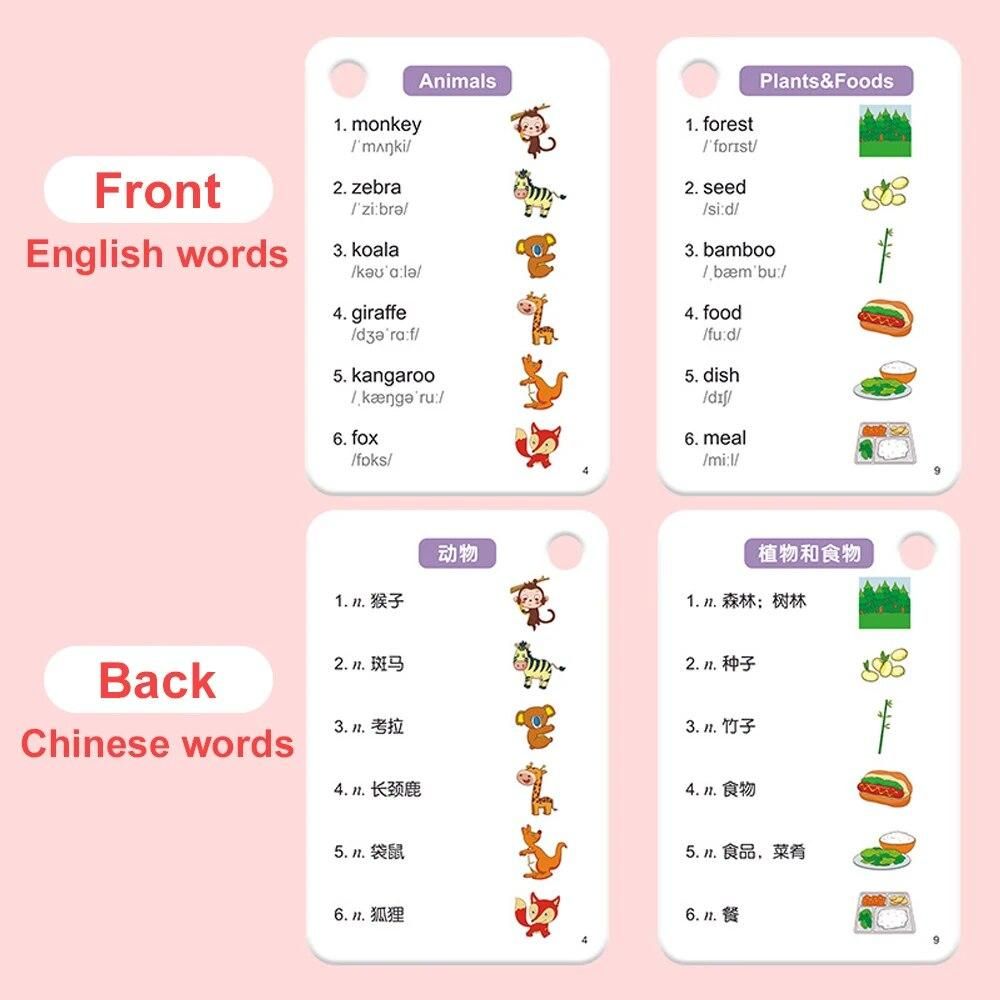 1200 English Words Learning Cards English and Chinese Bilingual Flashcard for Kids Animal Food Adjective Body Educational Toys