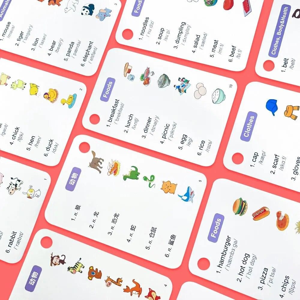 1200 English Words Learning Cards English and Chinese Bilingual Flashcard for Kids Animal Food Adjective Body Educational Toys