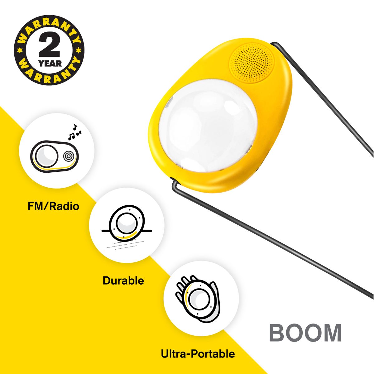 Boom 3 In 1 Solar Lamp With Radio & USB Charging - Yellow